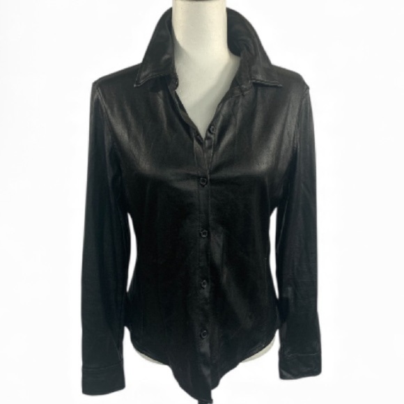 New York & Company Tops - NY Jeans Shirt Coated Leatherette Fabrication Long Sleeve Shacket Casual Black S
